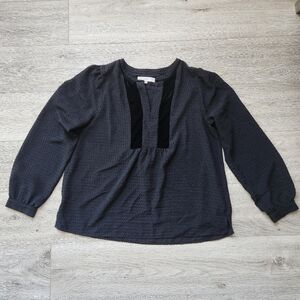 Loft Black Swiss Dot Shirt Womens Large Velvet Trim Long Sleeve Top